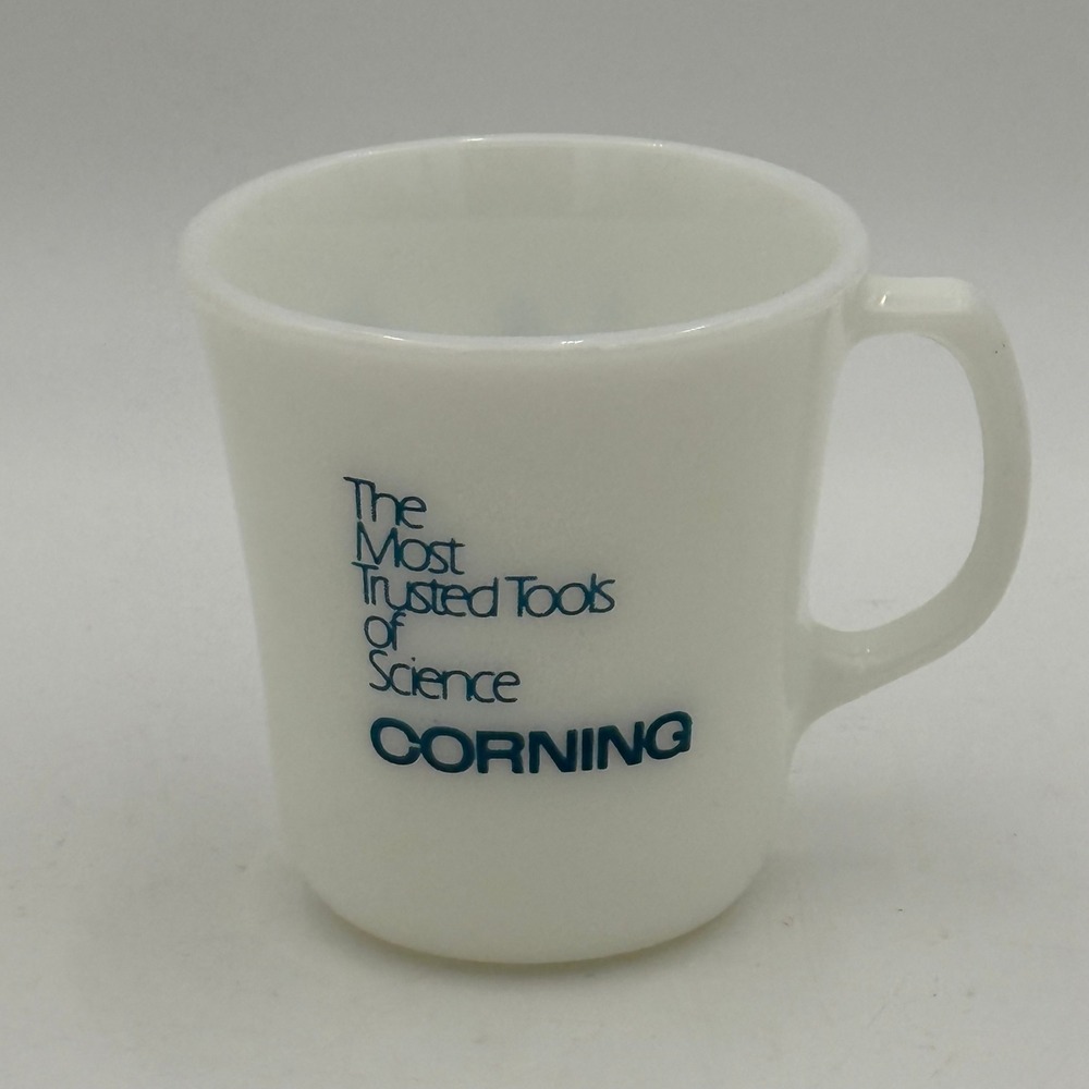 RARE  Vintage Corning Milk Glass Mug Most Trusted Tools of Science Lab Glassware